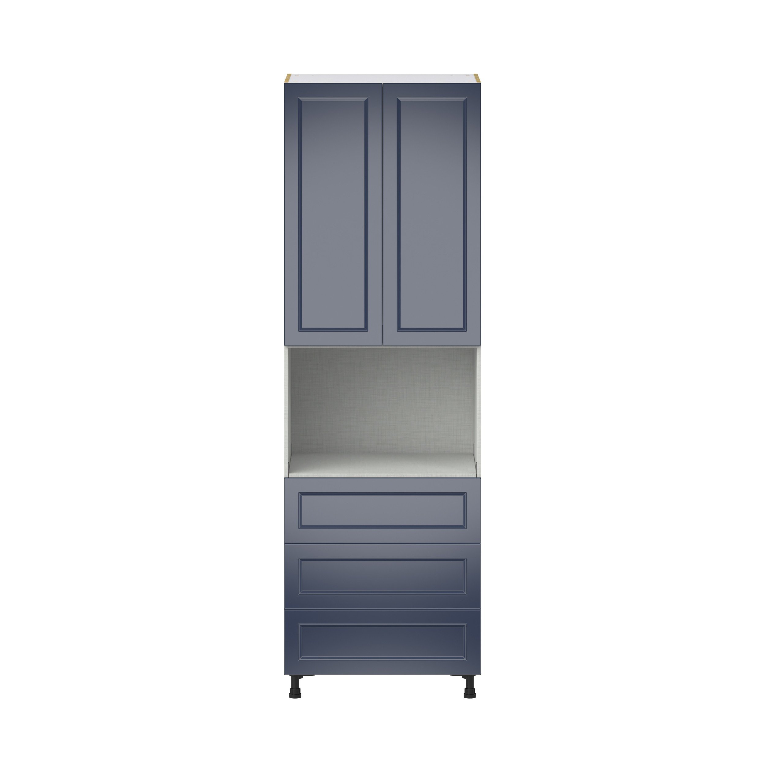 Camellia Painted Midnight Blue Recessed Assembled Pantry Microwave Cabinet with 3 Even Drawers (30 in. W X 94.5 in. H X 24 in. D)