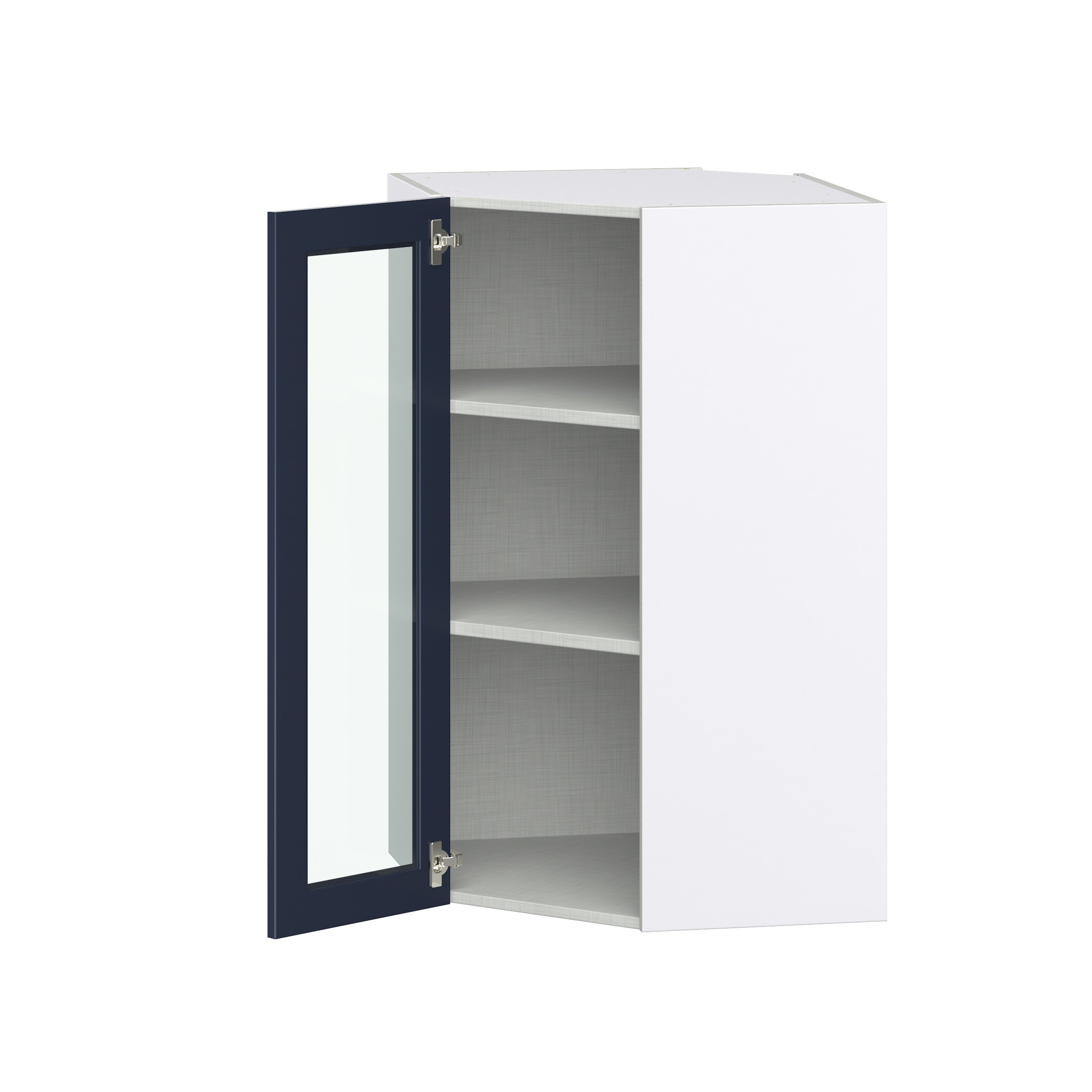 Camellia Painted Midnight Blue Recessed Assembled Corner Wall Cabinet with a Glass Door (24 in. W x 40 in. H x 24 in. D)