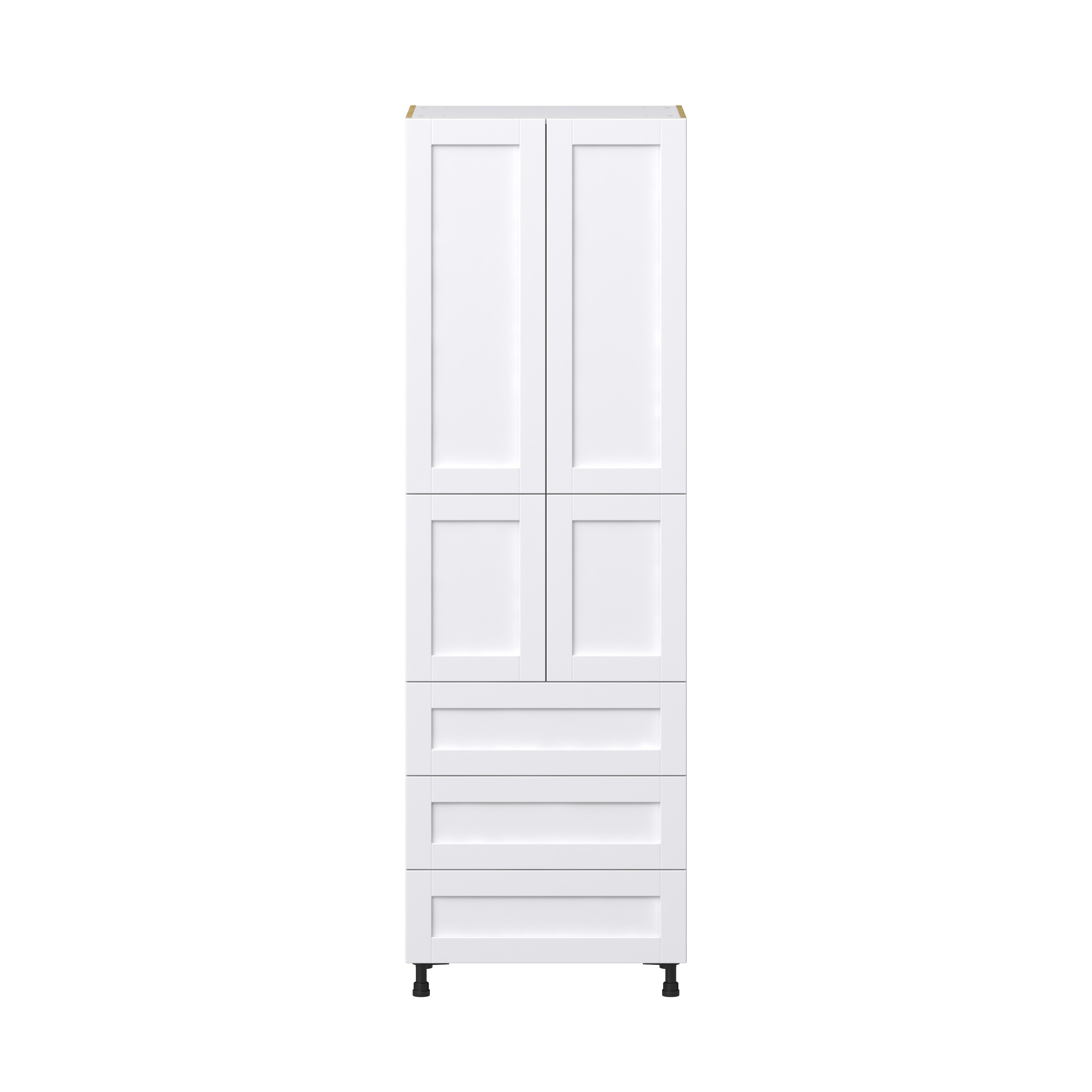 Dahlia Bright White Shaker Assembled Pantry Cabinet 4 Doors with 3 Drawers and 2 Inner Drawers (30 in. W X 94.5 in. H X 24 in. D)