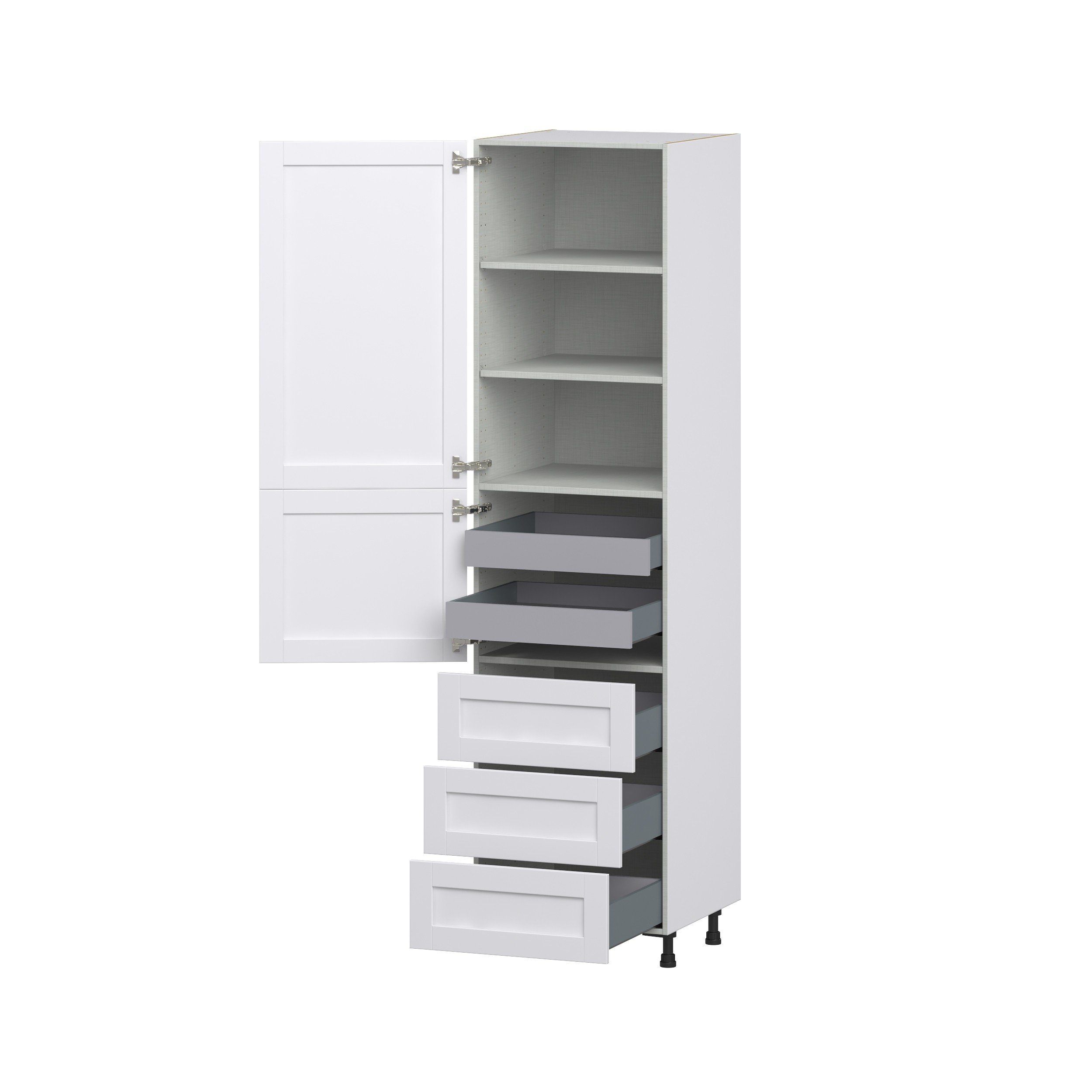 Dahlia Bright White Shaker Assembled Pantry Cabinet 1 Doors with 3 Drawers and 2 Inner Drawers (24 in. W X 94.5 in. H X 24 in. D)