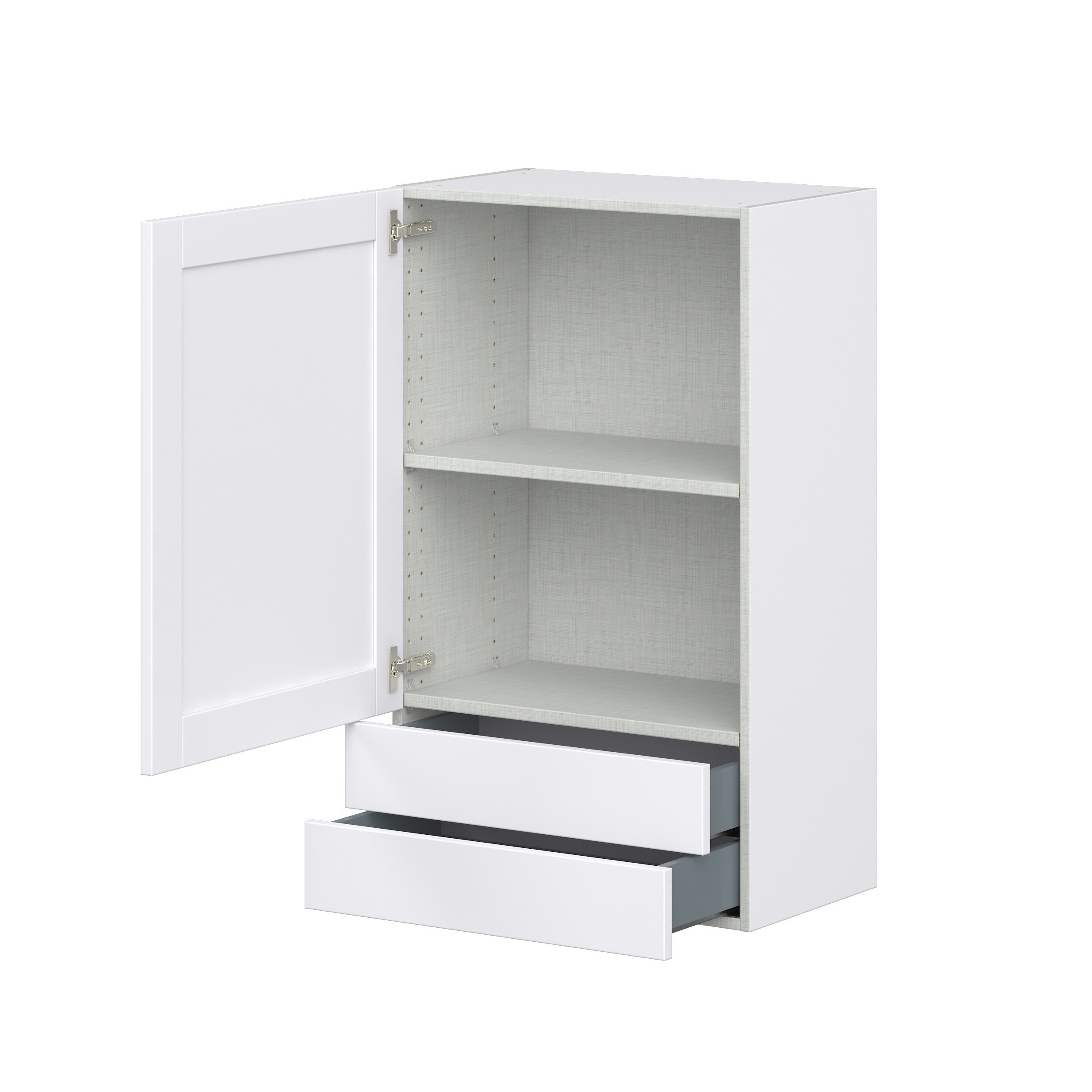 Dahlia Bright White Shaker Assembled Wall Cabinet with a Door and Two 5 in. Drawers (24 in. W x 40 in. H x 14 in. D)