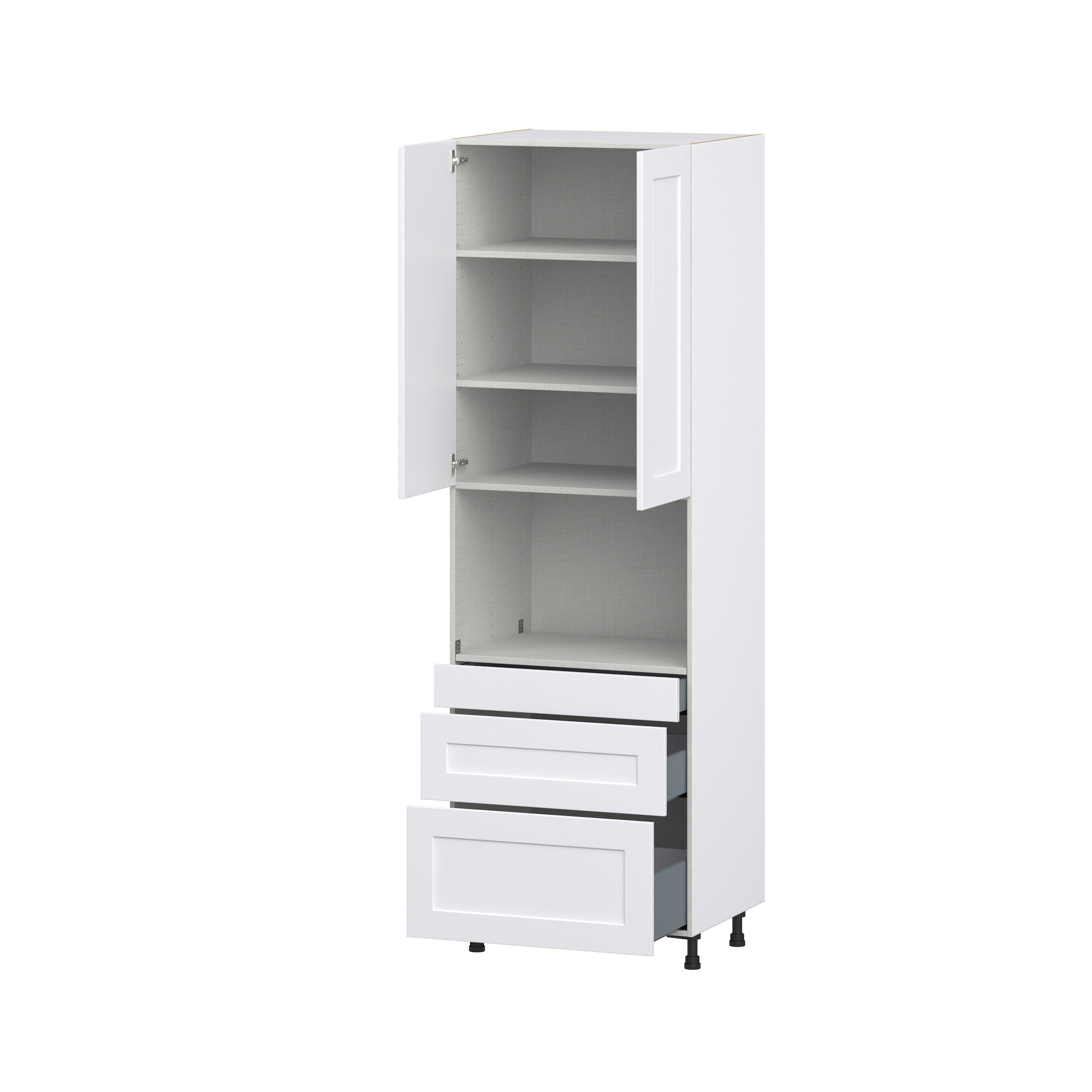 Jasmine Painted Warm White Shaker Assembled Pantry Microwave Cabinet with 3 Drawers (30 in. W x 94.5 in. H x 24 in. D)