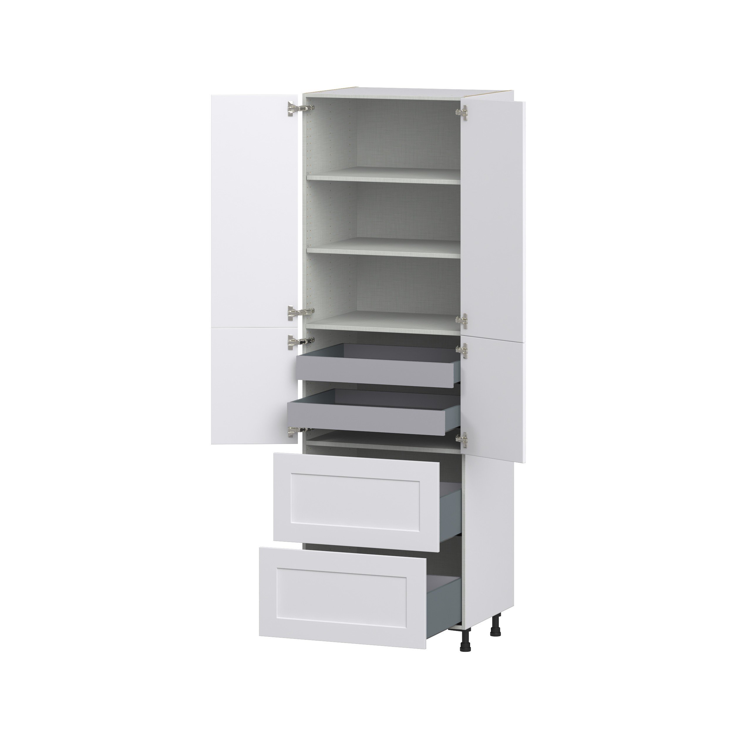 Jasmine Painted Warm White Shaker Assembled Pantry Cabinet 4 Doors with 2 Drawers and 2 Inner Drawers (30 in. W X 94.5 in. H X 24 in. D)