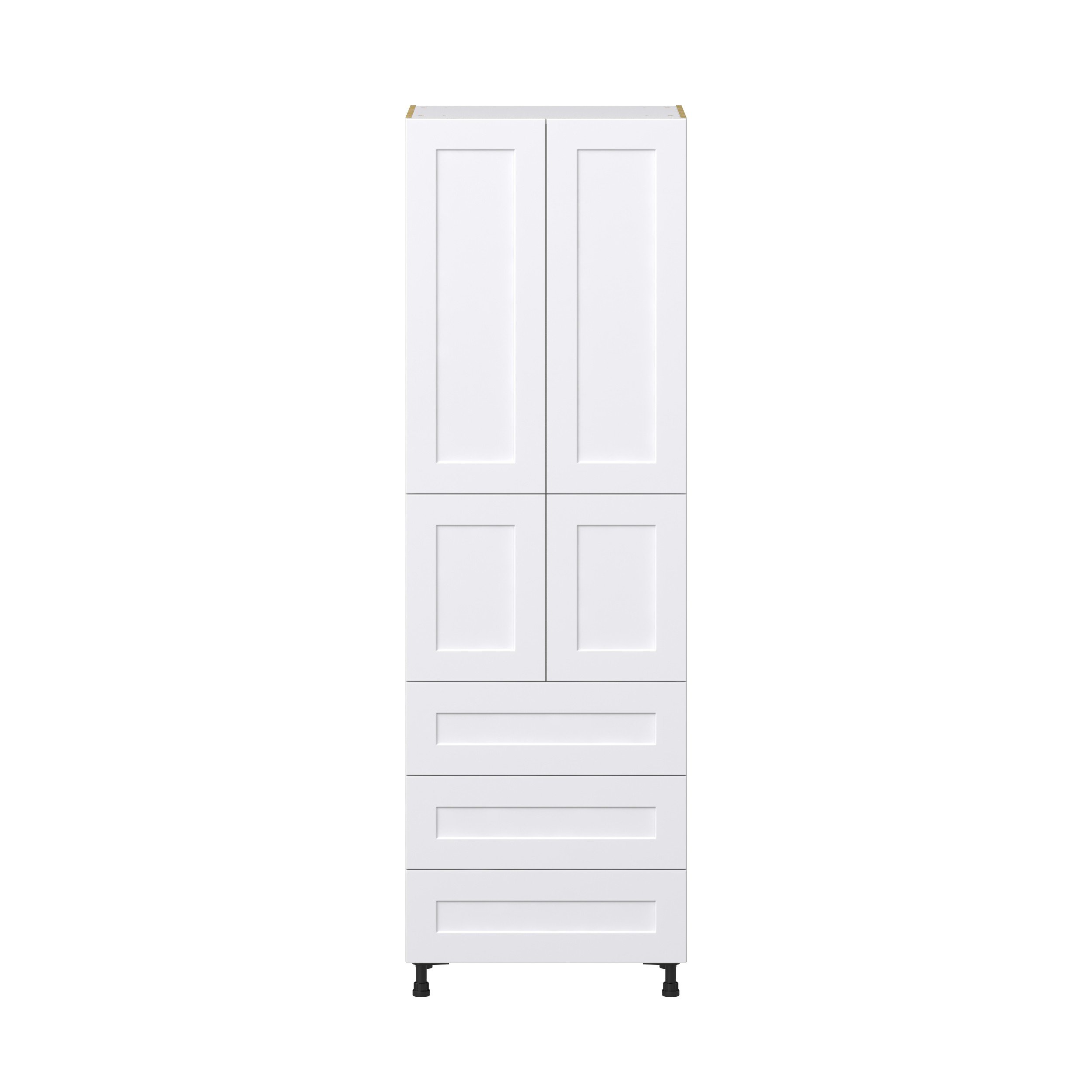 Jasmine Painted Warm White Shaker Assembled Pantry Cabinet 4 Doors with 3 Drawers and 2 Inner Drawers (30 in. W X 94.5 in. H X 24 in. D)