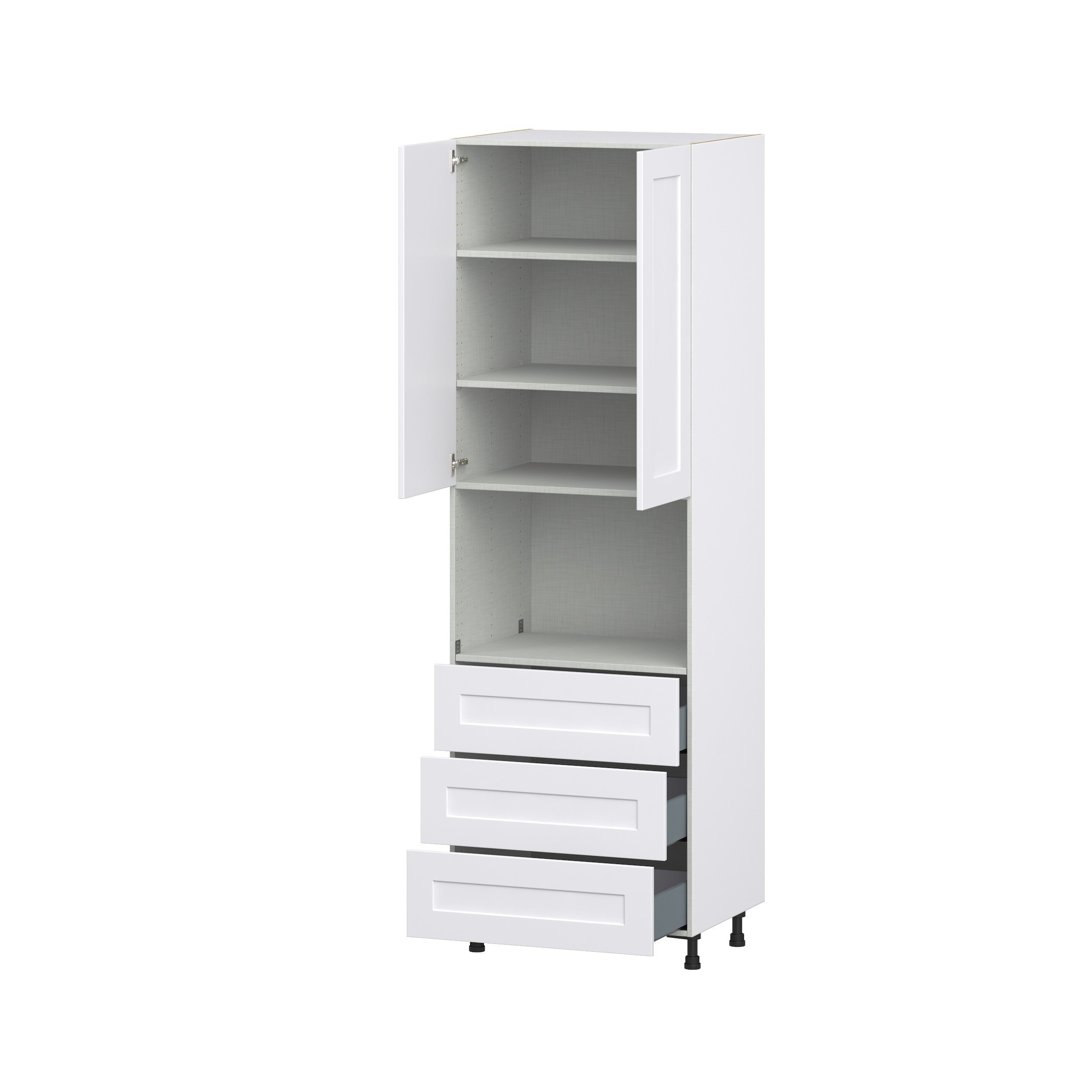 Jasmine Painted Warm White Shaker Assembled Pantry Microwave Cabinet with 3 Even Drawers (30 in. W X 94.5 in. H X 24 in. D)