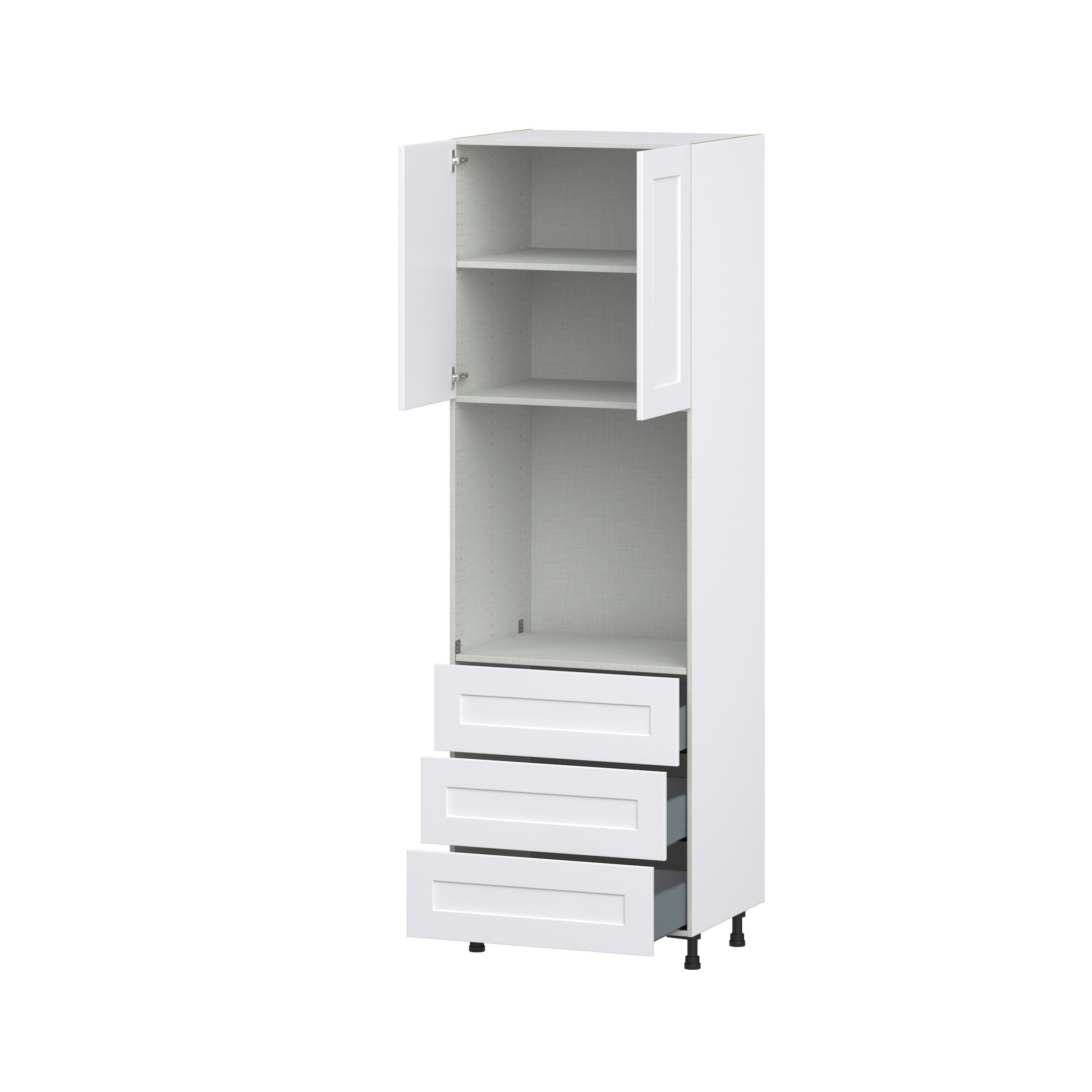 Jasmine Painted Warm White Shaker Assembled Pantry Single Oven Cabinet with 3 Even Drawers (30 in. W X 94.5 in. H X 24 in. D)