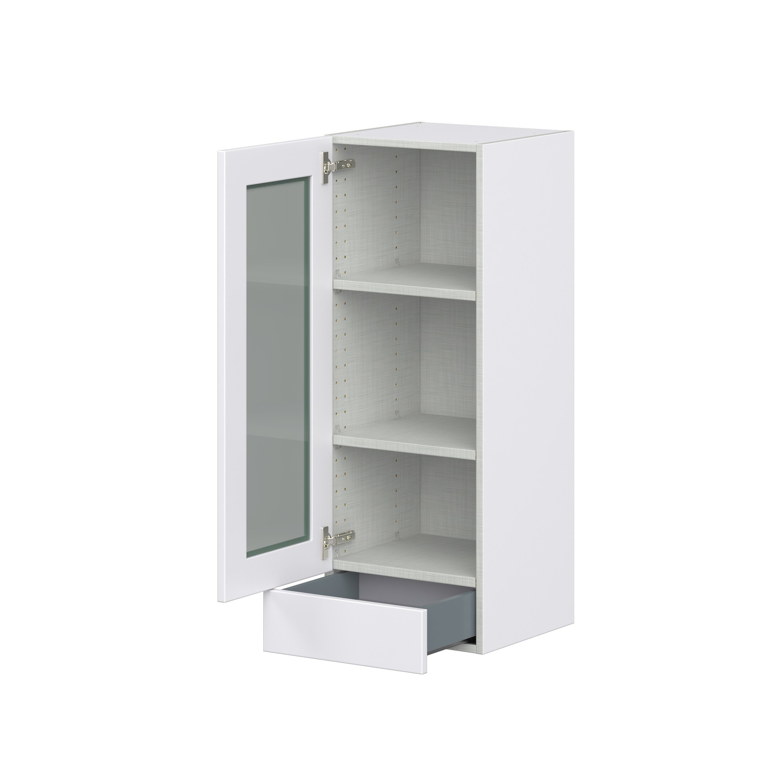 Jasmine Painted Warm White Shaker Assembled Wall Cabinet with a Glass Door and a 5 in. Drawer (15 in. W x 40 in. H x 14 in. D)