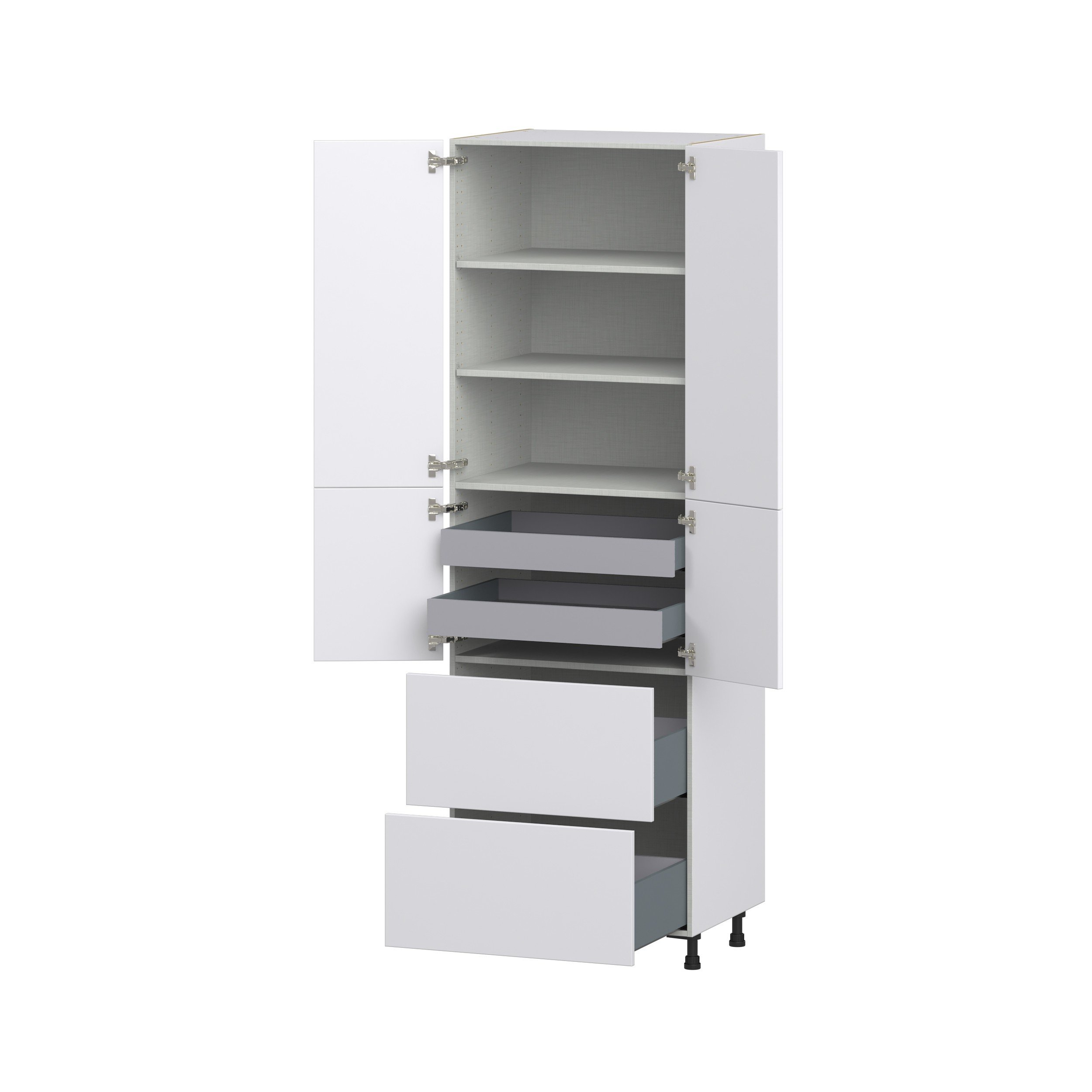 Lily Bright White Slab Assembled Pantry Cabinet 4 Doors with 2 Drawers and 2 Inner Drawers (30 in. W X 94.5 in. H X 24 in. D)