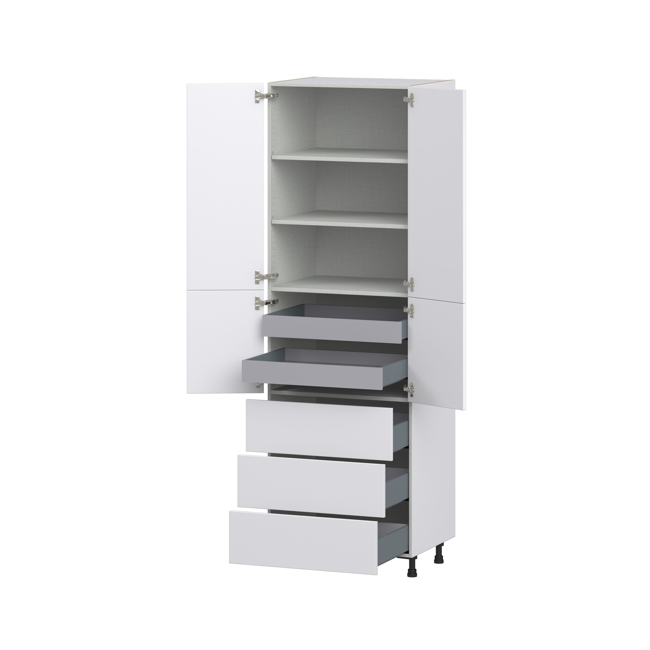 Lily Bright White Slab Assembled Pantry Cabinet 4 Doors with 3 Drawers and 2 Inner Drawers (30 in. W X 94.5 in. H X 24 in. D)