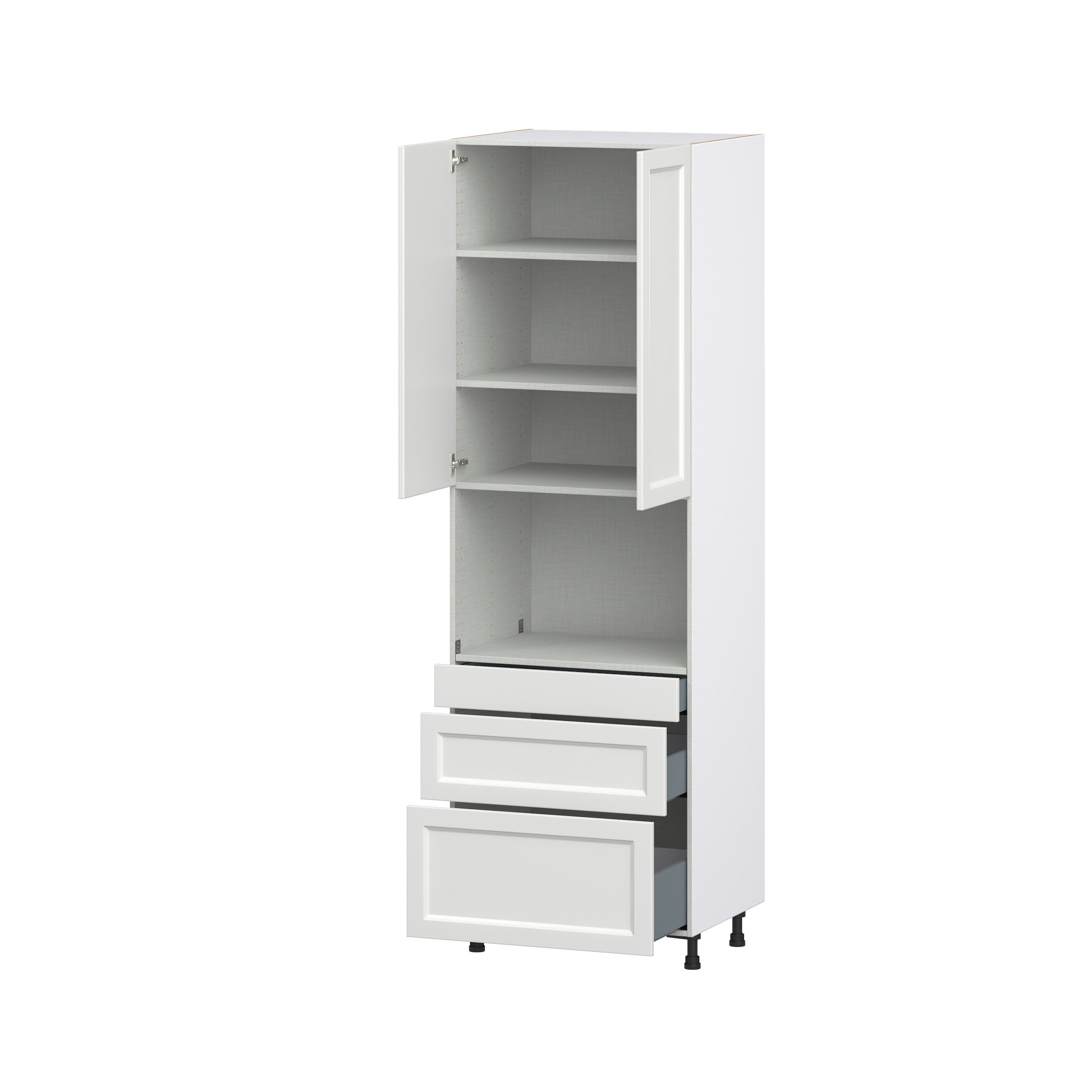 Magnolia Painted Bright White Recessed Assembled Pantry Microwave Cabinet with 3 Drawers (30 in. W x 94.5 in. H x 24 in. D)