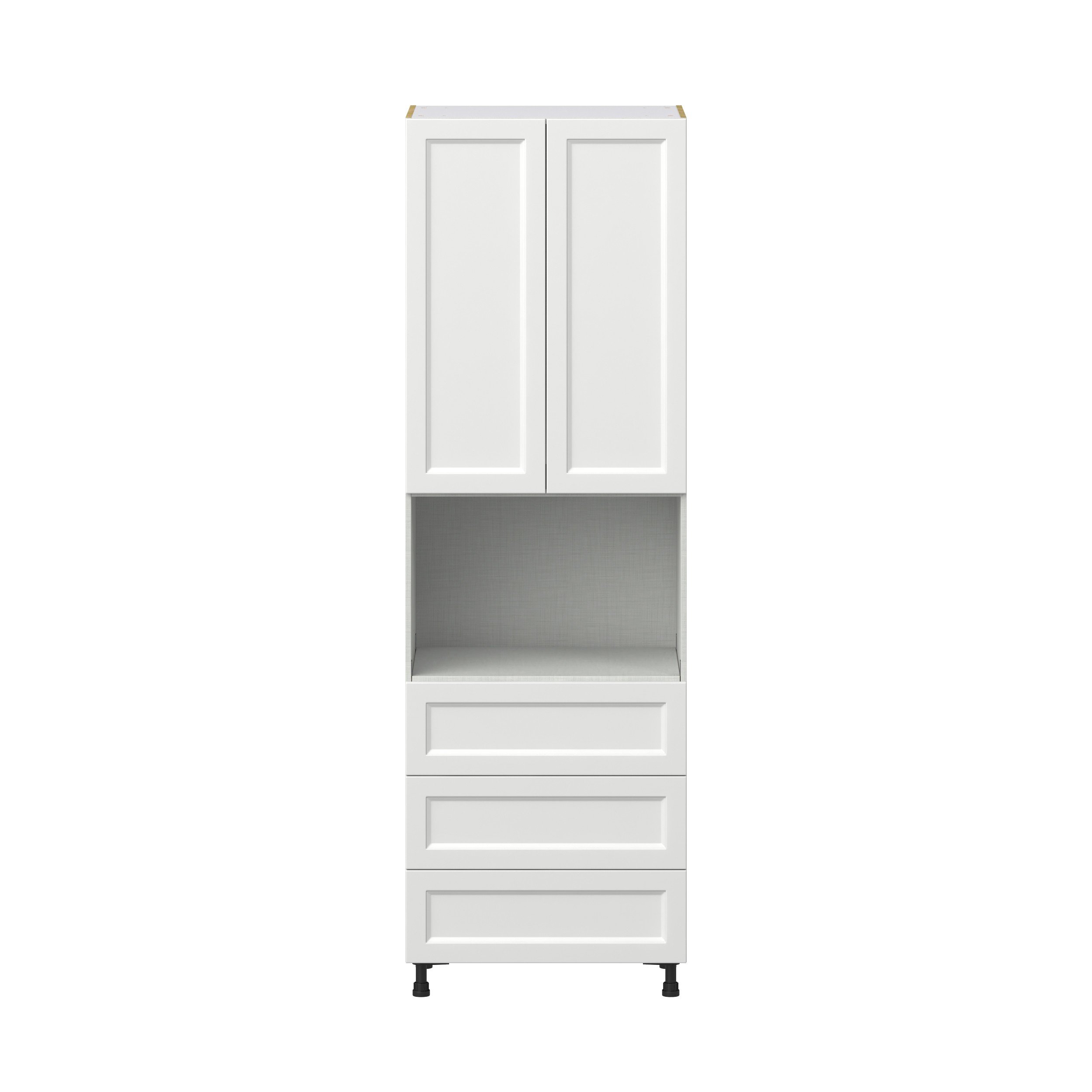 Magnolia Painted Bright White Recessed Assembled Pantry Microwave Cabinet with 3 Even Drawers (30 in. W X 94.5 in. H X 24 in. D)