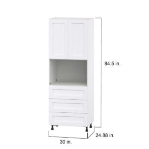 Dahlia Bright White  Shaker Assembled Pantry Microwave Cabinet with 3 Even Drawers (30 in. W X 84.5 in. H X 24 in. D)