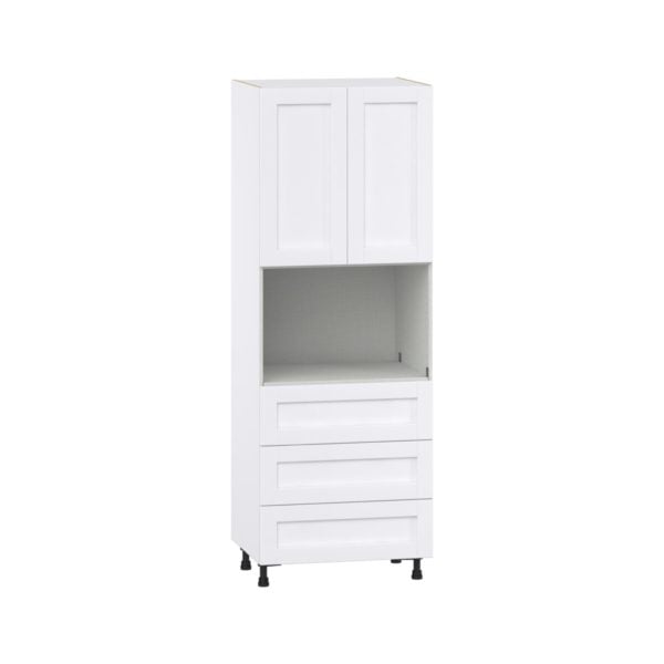 Dahlia Bright White  Shaker Assembled Pantry Microwave Cabinet with 3 Even Drawers (30 in. W X 84.5 in. H X 24 in. D)