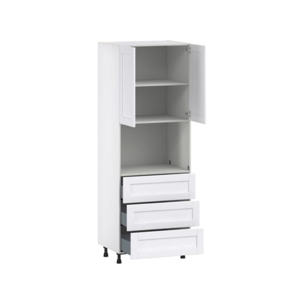 Dahlia Bright White  Shaker Assembled Pantry Microwave Cabinet with 3 Even Drawers (30 in. W X 84.5 in. H X 24 in. D)