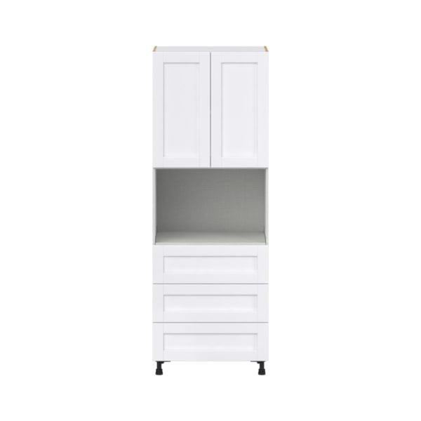 Dahlia Bright White  Shaker Assembled Pantry Microwave Cabinet with 3 Even Drawers (30 in. W X 84.5 in. H X 24 in. D)