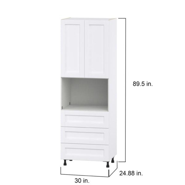 Dahlia Bright White  Shaker Assembled Pantry Microwave Cabinet with 3 Even Drawers (30 in. W X 89.5 in. H X 24 in. D)