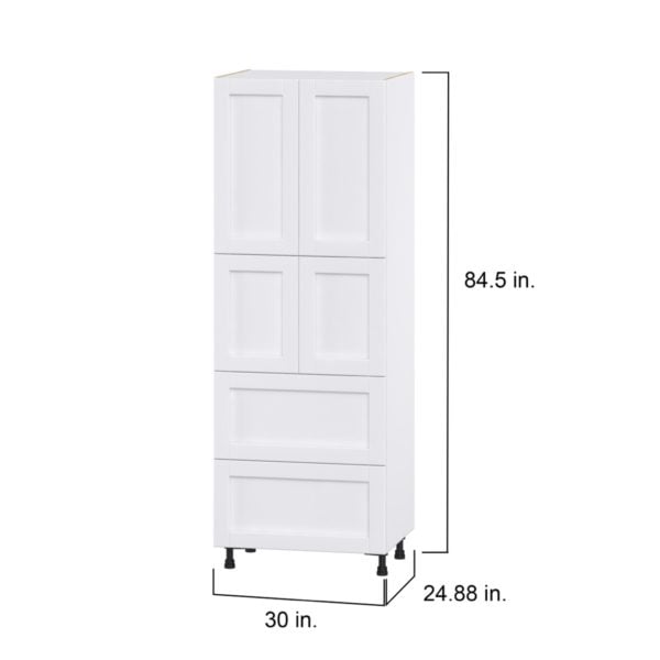 Dahlia Bright White  Shaker Assembled Pantry Cabinet 4 Doors with 2 Drawers and 2 Inner Drawers (30 in. W X 84.5 in. H X 24 in. D)