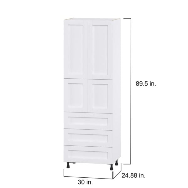 Dahlia Bright White  Shaker Assembled Pantry Cabinet 4 Doors with 3 Drawers and 2 Inner Drawers (30 in. W X 89.5 in. H X 24 in. D)