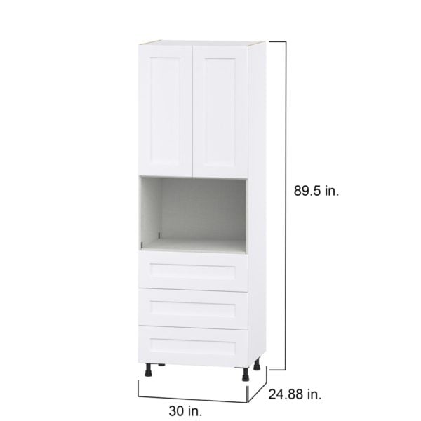 Jasmine Painted Warm White  Shaker Assembled Pantry Microwave Cabinet with 3 Even Drawers (30 in. W X 89.5 in. H X 24 in. D)