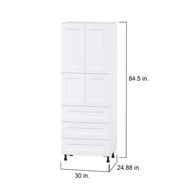 Jasmine Painted Warm White  Shaker Assembled Pantry Cabinet 4 Doors with 3 Drawers and 2 Inner Drawers (30 in. W X 84.5 in. H X 24 in. D)