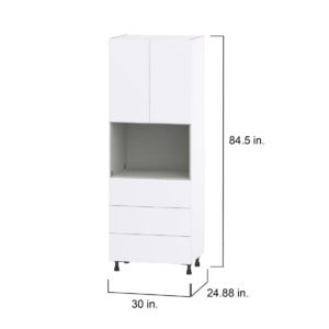 Lily Bright White  Slab Assembled Pantry Microwave Cabinet with 3 Even Drawers (30 in. W X 84.5 in. H X 24 in. D)