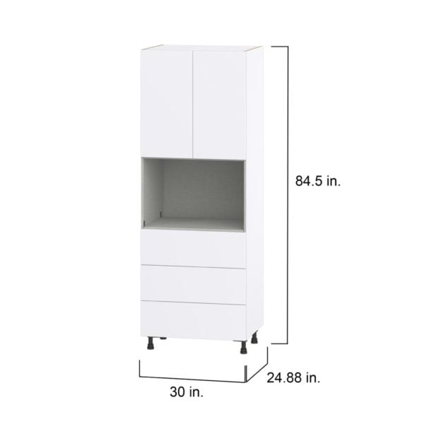 Lily Bright White  Slab Assembled Pantry Microwave Cabinet with 3 Even Drawers (30 in. W X 84.5 in. H X 24 in. D)