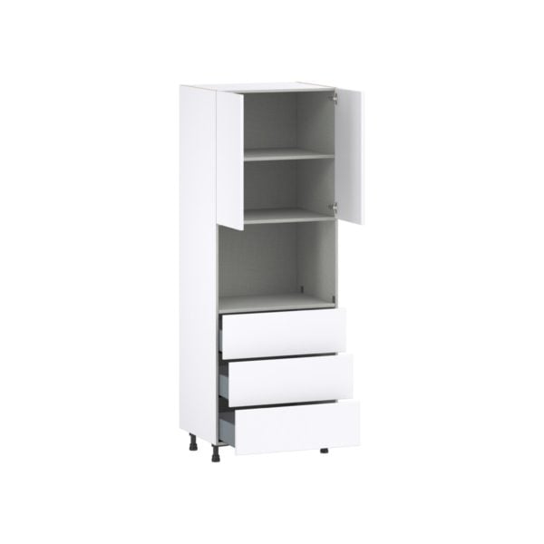 Lily Bright White  Slab Assembled Pantry Microwave Cabinet with 3 Even Drawers (30 in. W X 84.5 in. H X 24 in. D)