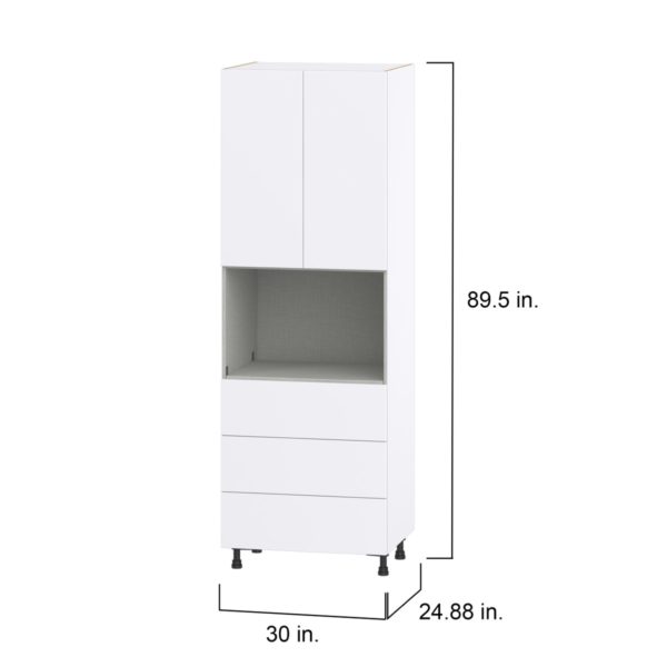 Lily Bright White  Slab Assembled Pantry Microwave Cabinet with 3 Even Drawers (30 in. W X 89.5 in. H X 24 in. D)