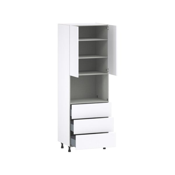 Lily Bright White  Slab Assembled Pantry Microwave Cabinet with 3 Even Drawers (30 in. W X 89.5 in. H X 24 in. D)