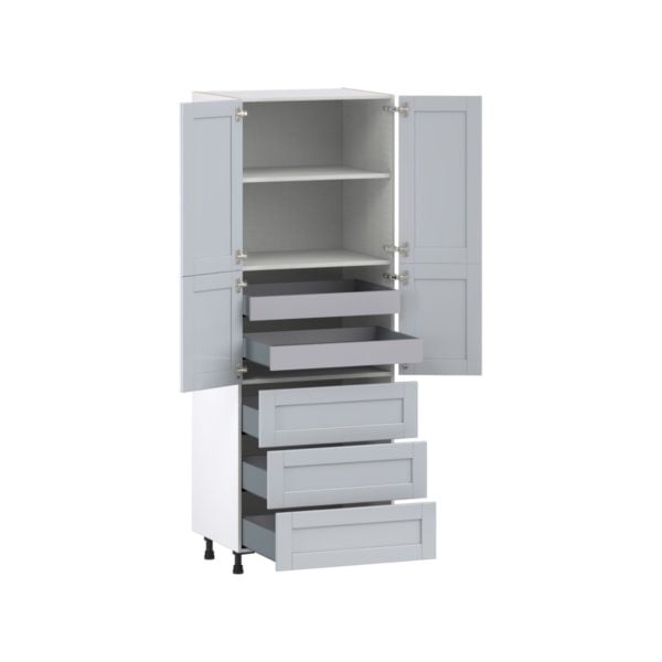 Sea Holly Light Gray  Shaker Assembled Pantry Cabinet 4 Doors with 3 Drawers and 2 Inner Drawers (30 in. W X 84.5 in. H X 24 in. D)