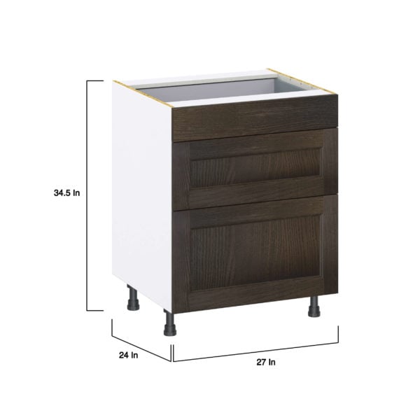 Summerina Chestnut Solid Wood Recessed Assembled Base Cabinet with 3 Drawers  (27 in. W X 34.5 in. H X 24 in. D)